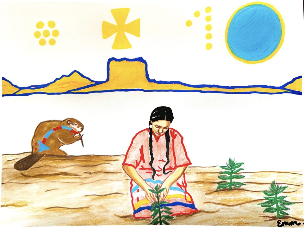 Pisstaahkaan (Tobacco) 9” x 12” watercolor pencil and acrylic paint pen on mixed media paper. 2023. 

 

 

This drawing uses Blackfoot symbolism and imagery to highlight the important role that pisstaahkaan (tobacco) plays in Blackfoot spirituality, interconnected relationships, and our ceremonial way of life. This image depicts the crucial role that the beaver plays in the woman successfully planting and cultivating tobacco plants. For Blackfoot people, the beaver’s role as a water being teaches us both when and where to plant tobacco in an environment near their habitat. 